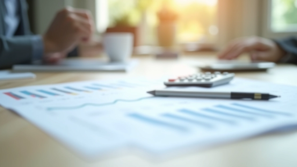 Nahaufnahme von Finanzberichten und Tabellen mit Zahlen und Balkendiagrammen auf einem Schreibtisch