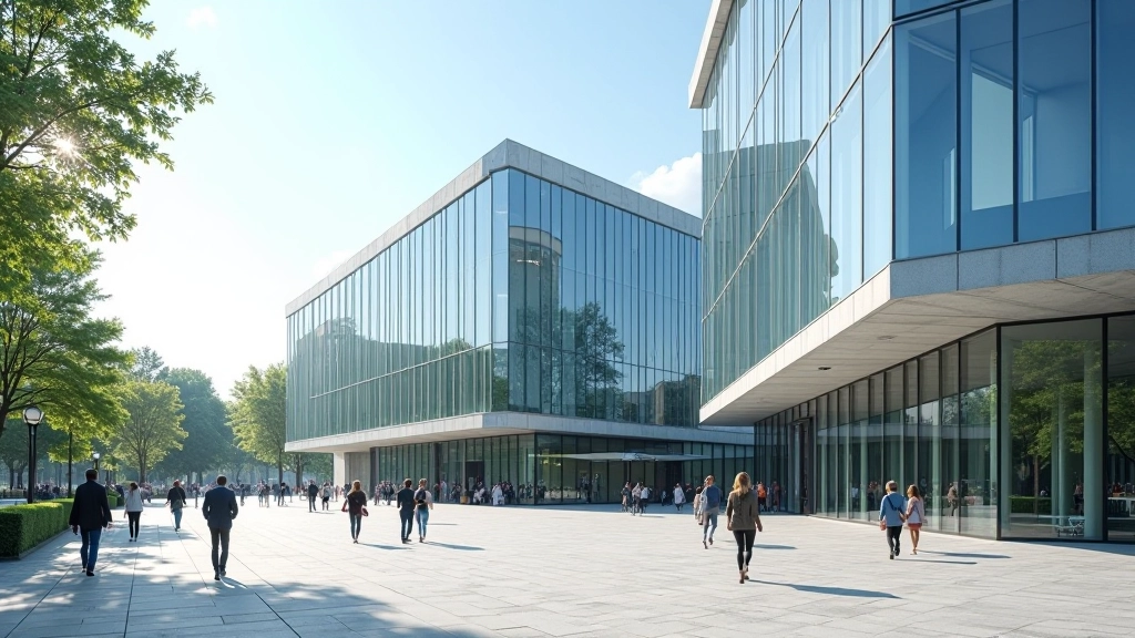 Modernes Rathaus mit Fensterfront und öffentlichem Platz