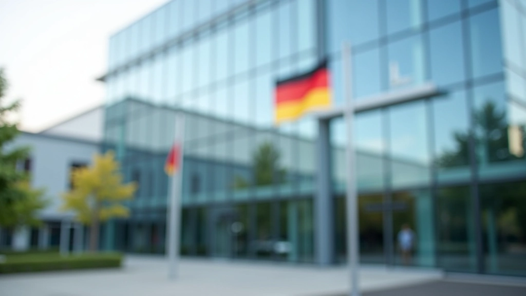 Modernes Verwaltungsgebäude mit Glasfassade und Deutschlandfahne, repräsentativ für öffentliche Institutionen