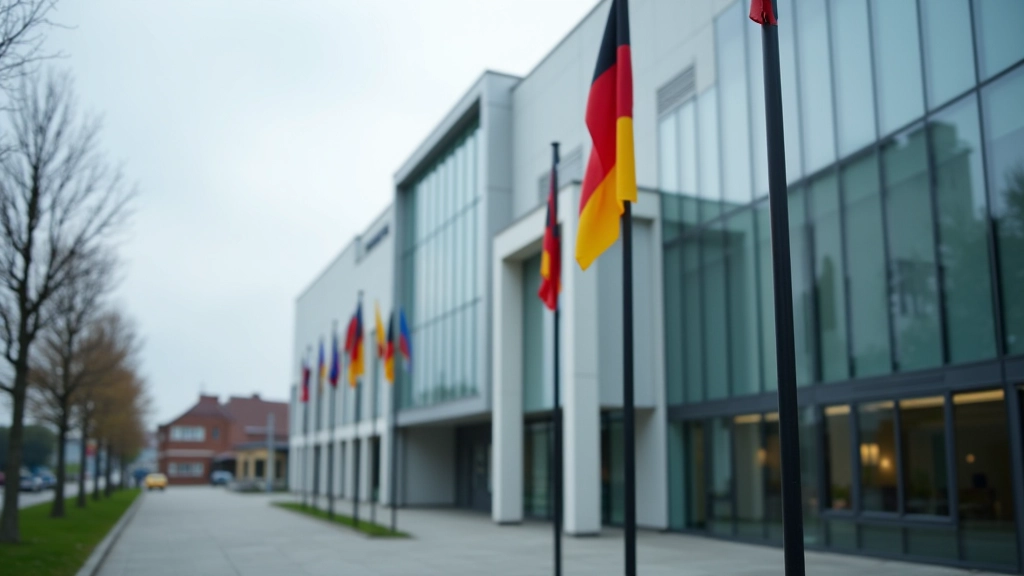 Regierungsgebäude mit modernem Design und Fahnen