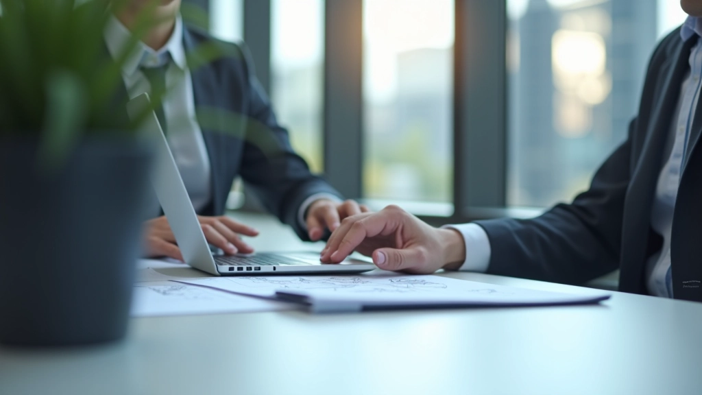 Stadtplaner mit Laptop und Architekturplänen in modernem Büro